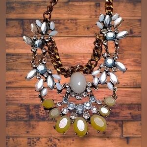 Vintage Gold Link  Bib Style Necklace With Green And Blue Rhinestones